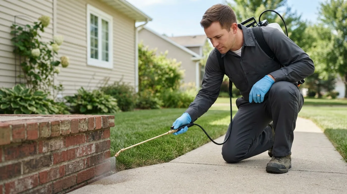 Pest control technician treating a home near Honobia, OK